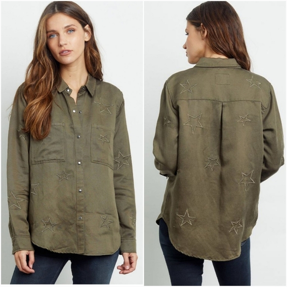 RAILS, New, Marcel Olive Green Embroidred Star Linen Blend Shirt, Size Medium - Picture 1 of 13